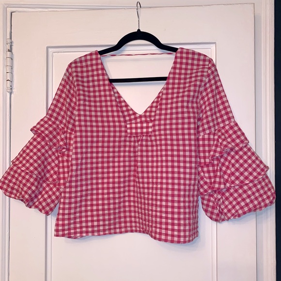 3/4 Sleeve Zara Basic pink gingham v-neck - Picture 3 of 5